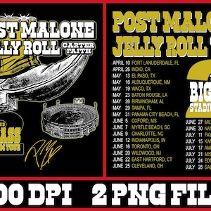May include: Black and gold concert tour poster for Post Malone and Jelly Roll, featuring a cowboy boot illustration, a stadium graphic, and tour dates. The text reads "The Big Ass Stadium Tour".