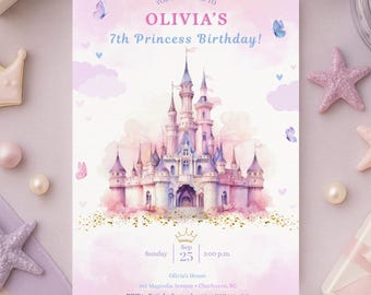 Princess Birthday Invitation with Party Schedule: Pink Castle Party Decorations | Editable Canva Template | (PRS-01)