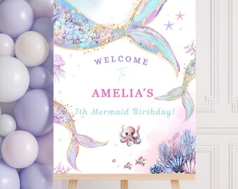 Panneau de bienvenue d'anniversaire de sirène : décorations de fête sous la mer | Modèle de toile modifiable | (MER-01)