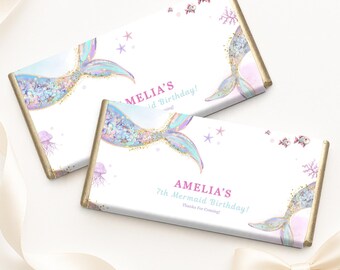 Wrapper chocoladereep verjaardag zeemeermin: Under the Sea-feestdecoraties | Bewerkbare canvassjabloon | (MER-01)