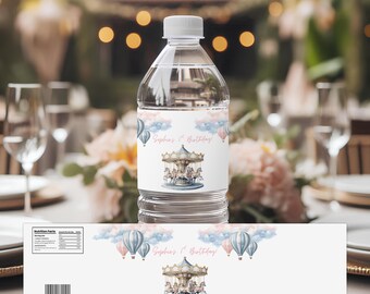 Envoltorio para botella de agua de cumpleaños con temática de carrusel: Decoraciones para fiesta de carrusel rosa / Plantilla editable de Canva / (CRS-02)