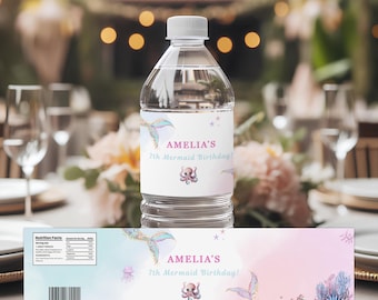Mermaid Birthday Water Bottle Wrapper: Under the Sea Party Decorations | Editable Canva Template | (MER-01)