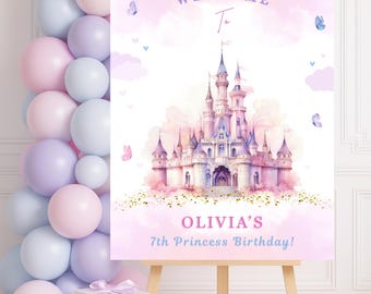 Princess Birthday Welcome Sign: Pink Castle Party Decorations | Editable Canva Template | (PRS-01)