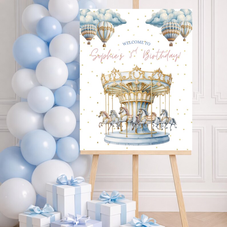 Vintage Carousel Birthday Welcome Sign – Blue & Gold Fairground Theme ...