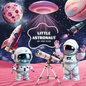 May include: Digital illustration featuring a space theme with the text "LITTLE ASTRONAUT". The image includes two cartoon astronauts, a telescope, a rocket, a spaceship, planets, and a UFO. The color palette is primarily pink, white, and blue.