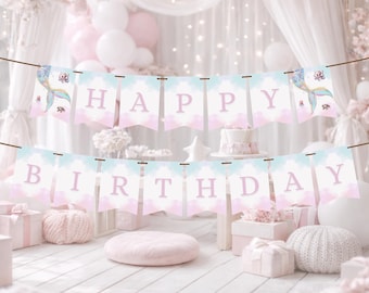 Banner de feliz cumpleaños de sirena: decoraciones para fiesta submarina / Plantilla editable de Canva / (MER-01)