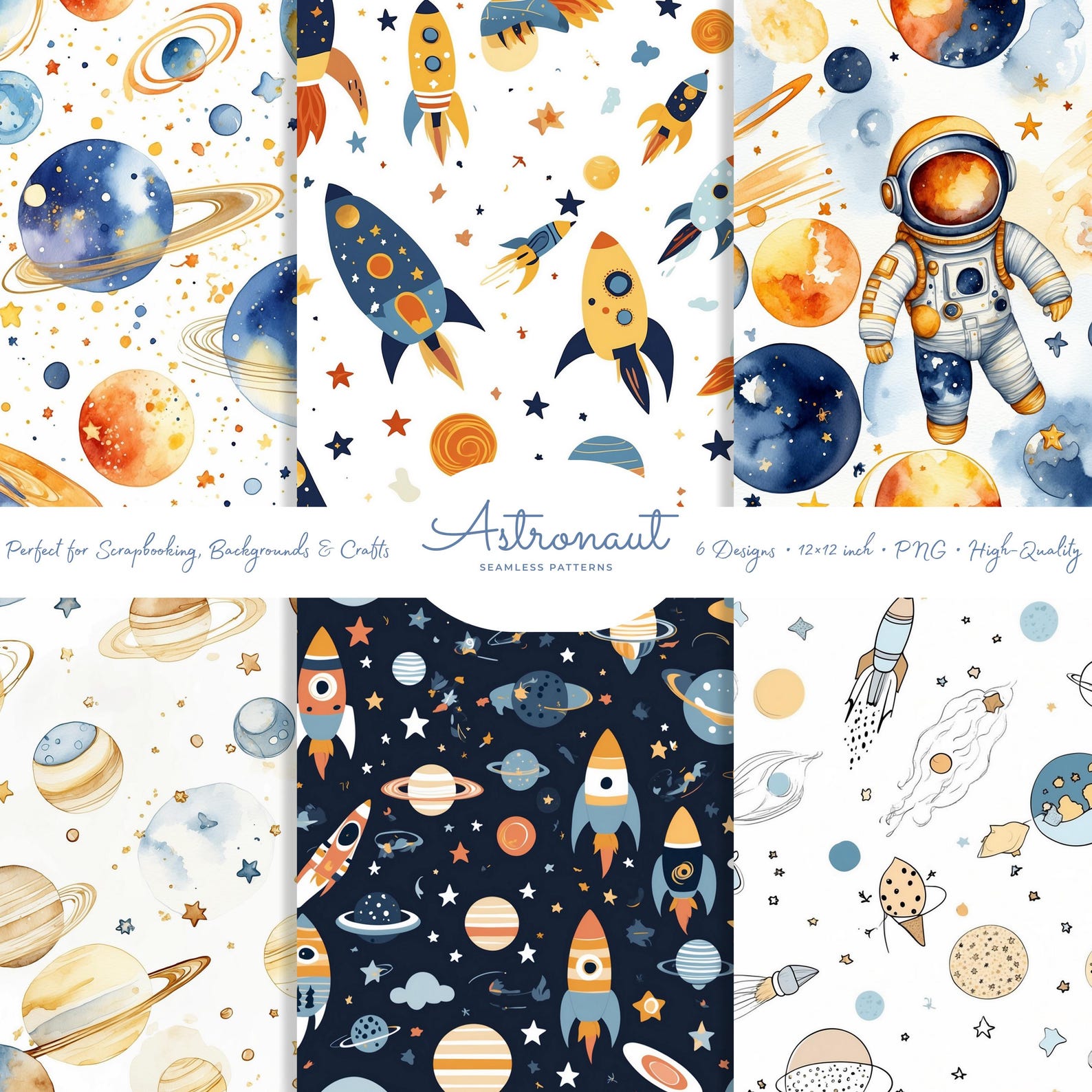 Astronaut Seamless Pattern Set – 6 PNG Designs, 12×12 Inch, Celestial ...