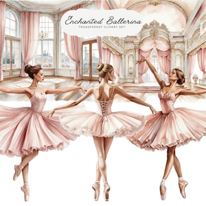Ballerina Clipart Set – 56 PNG-paket, akvarellballerinor, scenbakgrunder och sömlösa mönster, transparent, kommersiellt bruk