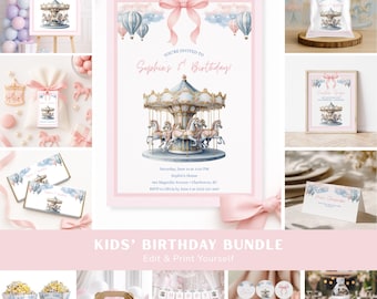 Carousel Birthday Bundle, Pastel Carousel Party Decorations, Kids Birthday Decor Set, Editable Canva Templates, Blue Carousel Theme (CRS-02)