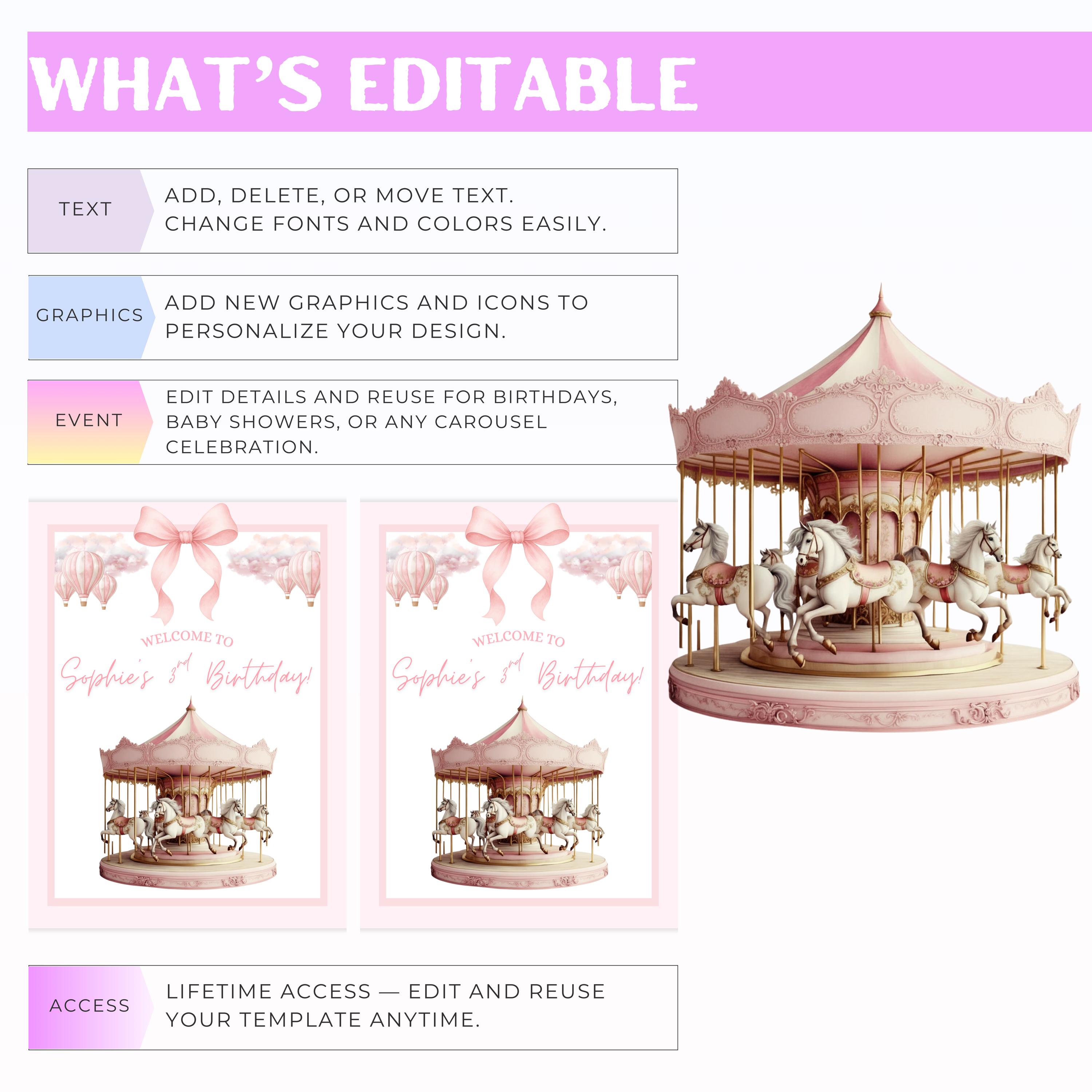 Carousel Birthday Welcome Sign: Pink Carousel Theme Party Decorations ...