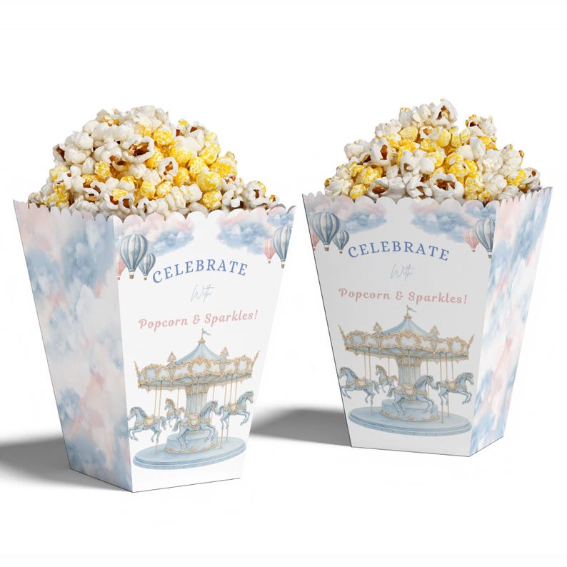 Favor Ride Carousel Birthday Popcorn Box: Blue Carousel Theme Party Decorations ...