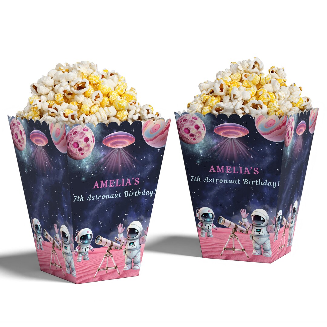 Astronaut Birthday Popcorn Box, Pink Space Theme Party – Galaxy Decor ...