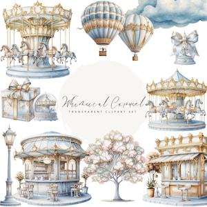 Puede incluir: Una colección de ilustraciones caprichosas al estilo acuarela con un carrusel, globos aerostáticos, cajas de regalo y edificios decorativos. Los diseños son en tonos suaves de azul y dorado, con el texto "Whimsical Carousel".