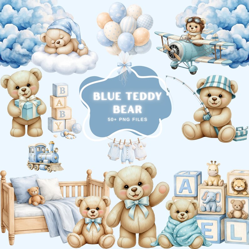 Teddy Bear Clipart Set – 52 PNG Bundle, Blue Watercolor Teddy Bears ...