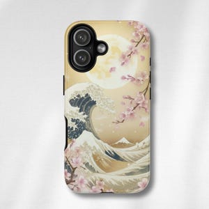 Gold Sakura Wave iPhone Case, Elegant Floral Phone Cover, Neutral Ukiyo-e Inspired Art, Minimal Mount Fuji Aesthetic Gift