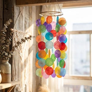 May include: A colorful wind chime with a gold-colored ring and hanging strands of iridescent, round, shell-like pieces. The pieces are in shades of red, orange, yellow, green, blue, and purple. The chime hangs from a chain.