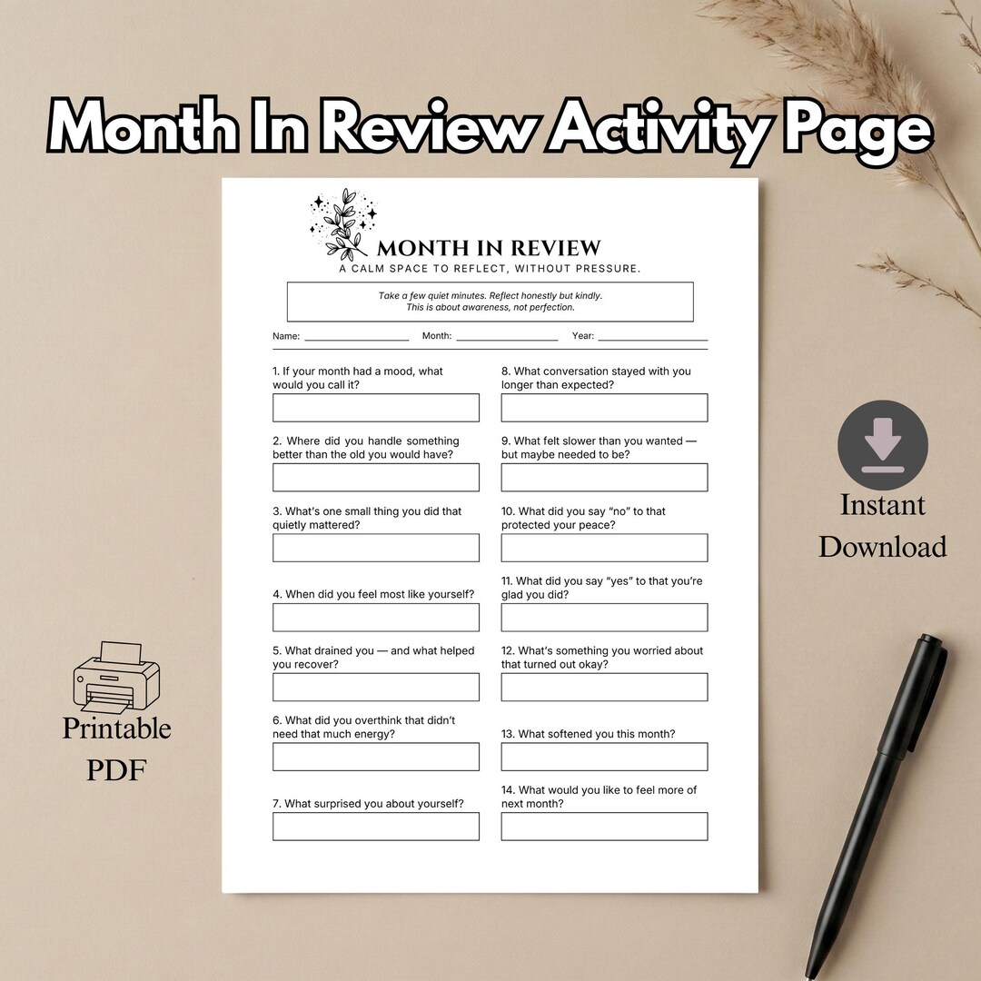 Monthly Reflection Journal Printable | Month in Review Worksheet Self ...