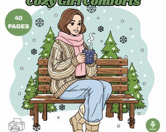Cozy Girl Coloring Pages, Hygge Adult Coloring Book, 40 Self Care Sheets for Women