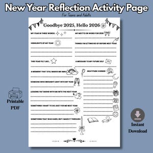 Puede incluir: Una página de actividades de reflexión de Año Nuevo imprimible en blanco y negro para adolescentes y adultos. La página incluye indicaciones para reflexionar sobre el año pasado y establecer metas para el nuevo año. El texto incluye "Goodbye 2025, Hello 2026".