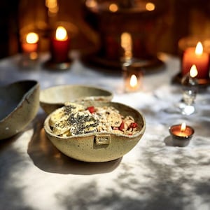 Può includere: Una ciotola di ceramica macchiata piena di fette di banana, semi di chia e bacche secche. La ciotola è su una tovaglia bianca, circondata da candele accese. La scena evoca un senso di calore e tranquillità, perfetta per una colazione accogliente.