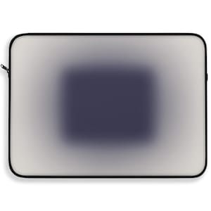 May include: A rectangular laptop sleeve featuring a smooth, light gray surface that transitions into a deep, dark navy blue gradient at the center. The sleeve is framed by a thin, solid black border and includes a small black zipper pull.