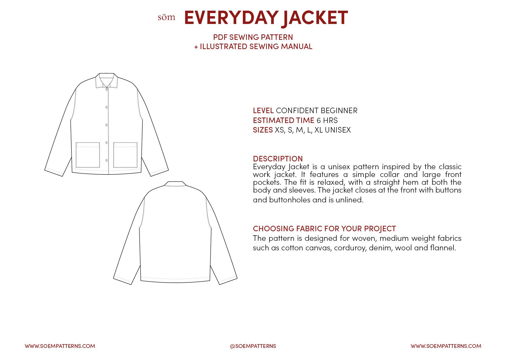 EVERYDAY Jacket PDF Sewing Pattern: Beginner, Sizes Xs-xl 