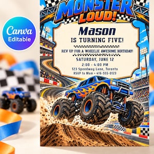 Puede incluir: Una tarjeta de invitación de cumpleaños rectangular con un camión monstruo azul con llamas naranjas en una pista de tierra. El texto dice: LET'S GET MONSTER LOUD! Mason IS TURNING FIVE! REV UP FOR A WHEELIE AWESOME BIRTHDAY! SATURDAY, JUNE 12, 2:00 - 4:00 PM, 123 Speedway Lane, Toronto, RSVP to Mom 416-555-0123.