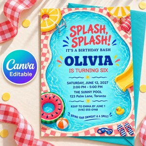 Inbjudan till poolparty, sommarfödelsedagsfest, Splash Splash-inbjudan, redigerbar Canva-mall, personlig tjejfödelsedag, digitalt format