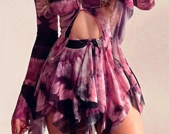 Rave Outfit , EDC outfit- FairyCostume for Women - Fairycore Pink Rave Outfit – Butterfly Wrap Top & Mini Skirt Set