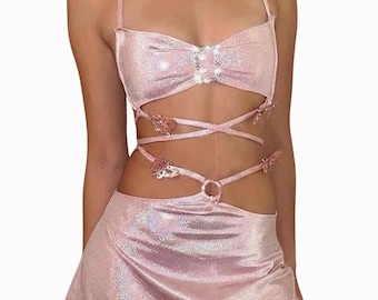 Déguisement de fée d'Halloween pour femme - Tenue rave rose féerique - Ensemble haut cache-cœur papillon scintillant et mini-jupe