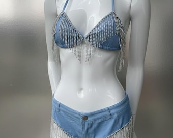 Ensemble Rave en denim effet vieilli - Crop top lacé et short à nouer sur le côté