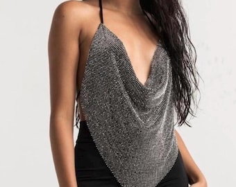 Top dos nu dos nu en strass argenté - Top court dos nu en cotte de mailles en cristal - Tenue rave festival scintillante - Chemise party clubwear