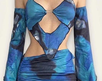 Rave Outfit, Costume for Women - EDC Outfit- Top & Mini Skirt Set. Party outfit. 2 pieces sexy blue, Beach outfit