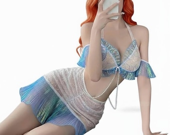 Déguisement de sirène d'Halloween - Ensemble rave soutien-gorge et jupe coquillage irisé