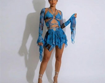 Rave Outfit , EDC outfit- FairyCostume for Women - Fairycore Pink Rave Outfit – Butterfly Wrap Top & Mini Skirt Set Blue