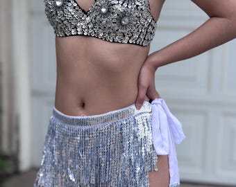 Rave Outfit - Sequin Bra, Beaded Skirt, Party Outfits, Belly Dance Outfits, EDC Outfit