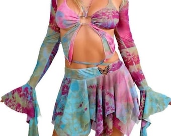 Rave Outfit , EDC outfit- FairyCostume for Women - Fairycore Pink Rave Outfit – Butterfly Wrap Top & Mini Skirt Set