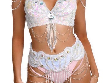 Tenue rave, déguisement de sirène en perles blanches - soutien-gorge à sequins, jupe à perles, tenues de soirée