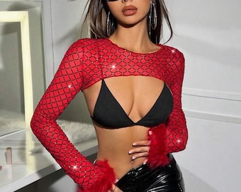 Ultra court rouge brillant - Boléro en filet et strass | Manches bordées de fausse fourrure - Aesthetic Rave Wear