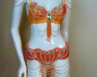 Rave Outfit, White Pearl Mermaid Costume - Sequin Bra, Beaded Skirt, Party Outfits