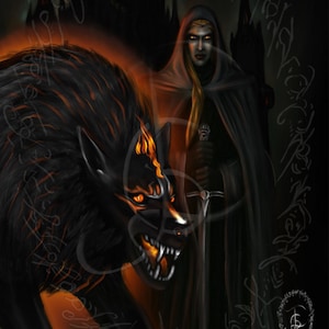 Puede incluir: Ilustración digital de fantasía de una figura encapuchada con ojos brillantes, cerca de un lobo negro gruñendo con acentos de fuego. Una silueta de castillo oscuro y escritura mística rodean la escena, creando una atmósfera dramática y misteriosa.