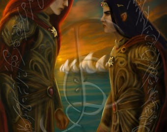 Noble Elven Warrior Standoff Art, Epic Fantasy Portrait, Printable Digital Download, D&D Decor 27