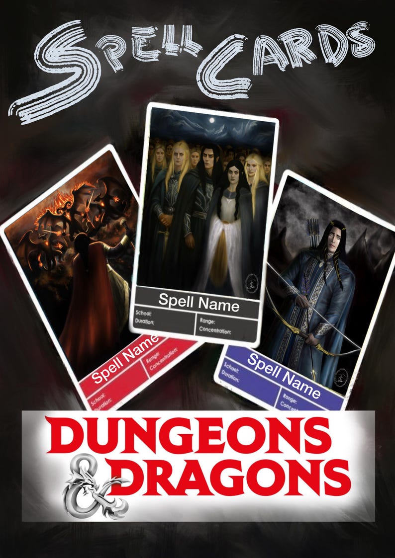 Op de afbeelding: Fantasy Spell Cards met illustraties van personages en sc&egrave;nes. De kaarten zijn rood, wit en blauw, met de tekst "Spell Name" en "Dungeons & Dragons". De achtergrond is donker.