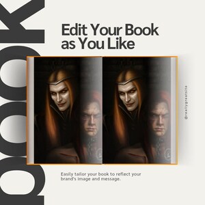 Op de afbeelding: Een open boek met een fantasie-illustratie van een persoon met lang rood haar en een kroon. De tekst "Edit Your Book as You Like" staat bovenaan. De tekst "Easily tailor your book to reflect your brand's image and message" staat onderaan.