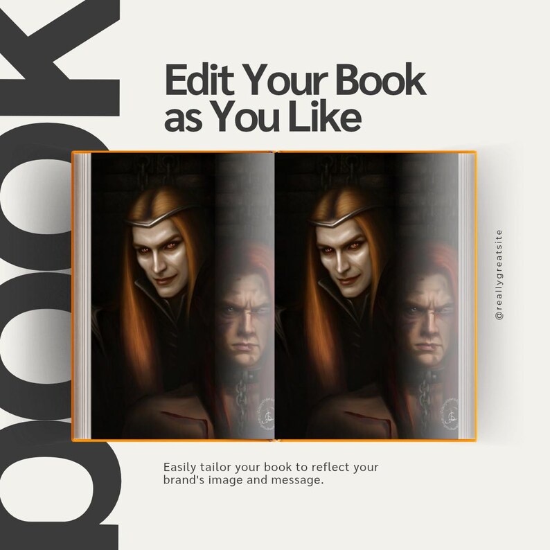 Op de afbeelding: Een open boek met een fantasie-illustratie van een persoon met lang rood haar en een kroon. De tekst "Edit Your Book as You Like" staat bovenaan. De tekst "Easily tailor your book to reflect your brand's image and message" staat onderaan.