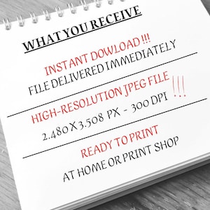 Op de afbeelding: Een wit spiraalgebonden notitieblok met de tekst "WHAT YOU RECEIVE". Rode tekst luidt "DIRECTE DOWNLOAD!!! BESTAND DIRECT GELEVERD." Verderop staat "HOGE RESOLUTIE JPEG-BESTAND 2.480 X 3.508 PX - 300 DPI." De onderkant luidt "KLAAR OM AF TE DRUKKEN THUIS OF IN DE DRUKKERIJ."