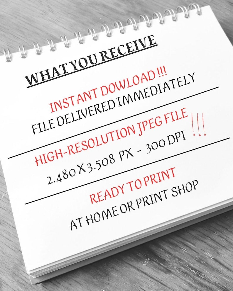 Op de afbeelding: Een wit spiraalgebonden notitieblok met de tekst "WHAT YOU RECEIVE". Rode tekst luidt "DIRECTE DOWNLOAD!!! BESTAND DIRECT GELEVERD." Verderop staat "HOGE RESOLUTIE JPEG-BESTAND 2.480 X 3.508 PX - 300 DPI." De onderkant luidt "KLAAR OM AF TE DRUKKEN THUIS OF IN DE DRUKKERIJ."