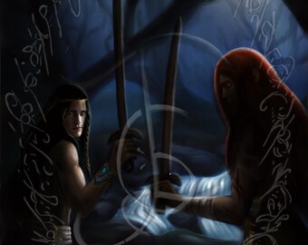 Fantasy Duel Wall Art, Epic Elven Sword Fight Portrait, Digital Download, D&D Decor 25