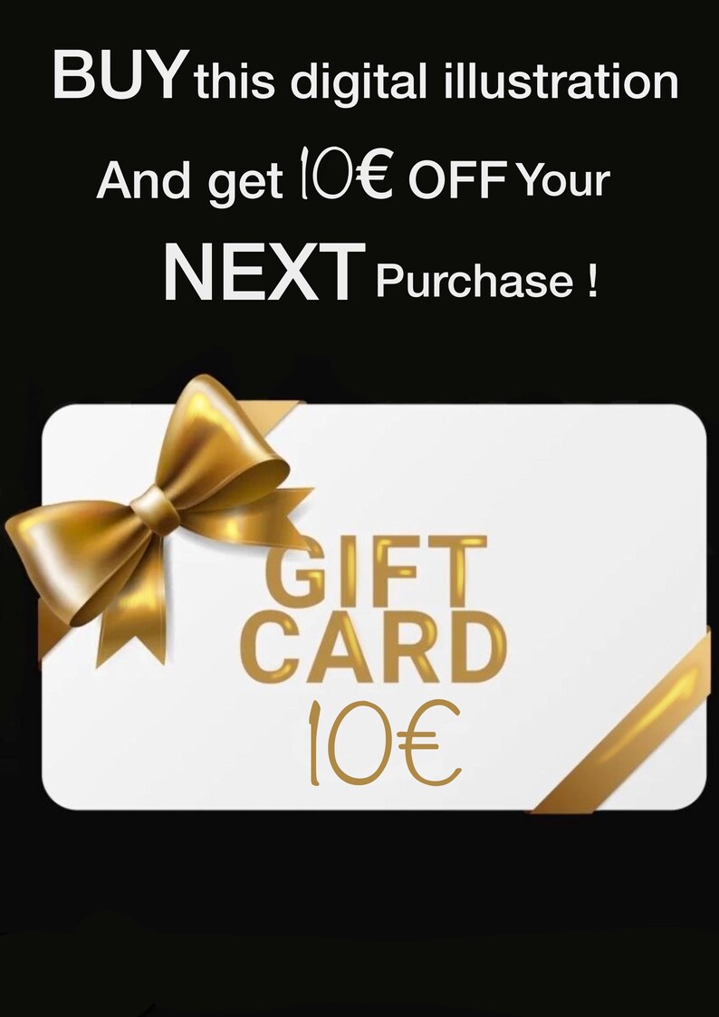 Op de afbeelding: Digitale illustratie van een witte cadeaukaart met een gouden strik en lint. De kaart toont "GIFT CARD 10&euro;" in gouden letters. De tekst bovenaan luidt "KOOP deze digitale illustratie en ontvang 10&euro; KORTING op uw volgende aankoop!"