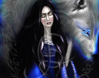 Mystical Wolf Fantasy Wall Art, Ethereal Maiden and Wolf Illustration, Printable Digital Download 10